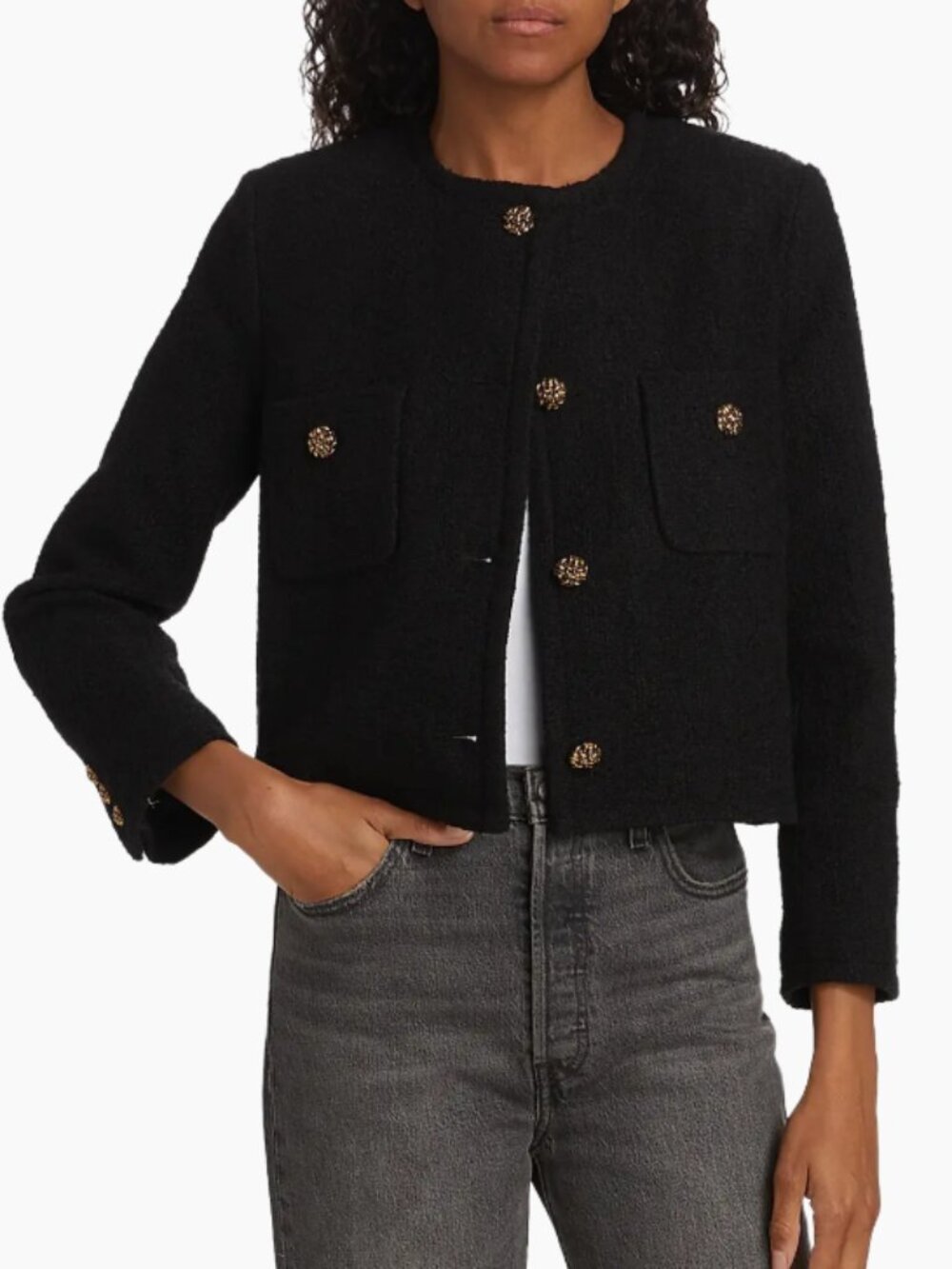 ba&sh Meredith Boucle Tweed Cropped Jacket Gold Buttons